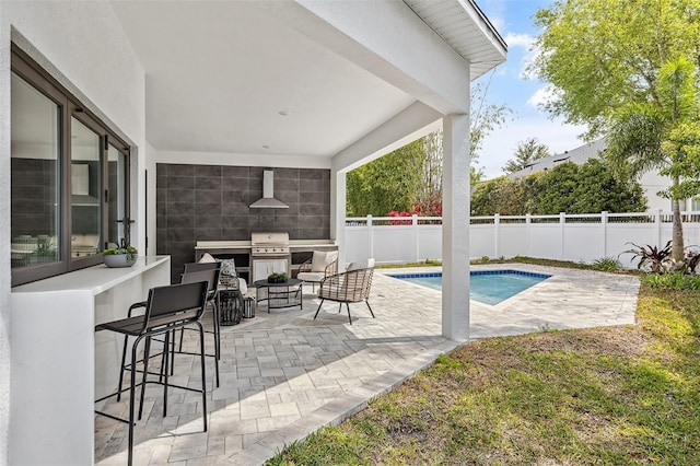 2408 Lafayette Ave, Winter Park, FL 32789 - view of patio with outdoor dry bar, a grill, a fenced backyard, a fenced in pool, and an outdoor kitchen