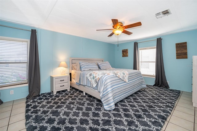 bedroom with visible vents, tile patterned flooring, and a ceiling fan