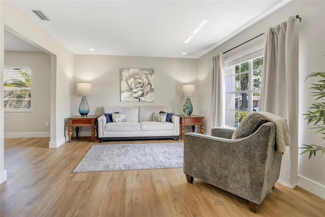 living room featuring light wood finished floors, baseboards, visible vents, and plenty of natural light