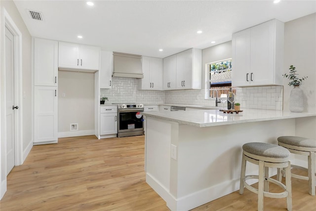 kitchen with light wood finished floors, stainless steel range with electric cooktop, a peninsula, visible vents, and white cabinets