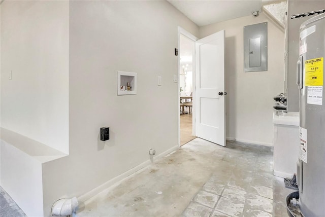 washroom with electric panel, baseboards, laundry area, and hookup for a washing machine
