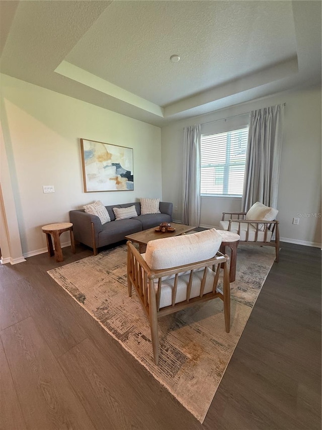 8243 Fenton St, Orlando, FL 32836 - living area featuring a tray ceiling, dark wood-style floors, and a textured ceiling