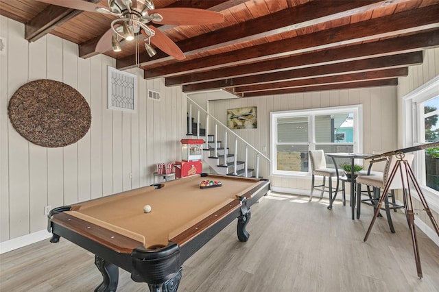 rec room with visible vents, beamed ceiling, wood finished floors, a ceiling fan, and billiards