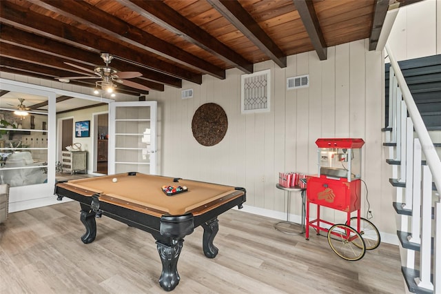 recreation room featuring wooden ceiling, wood finished floors, visible vents, beamed ceiling, and ceiling fan