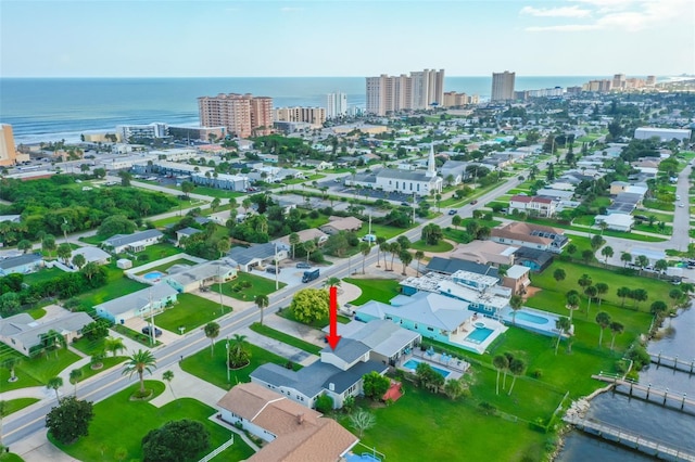bird's eye view with a water view and a city view