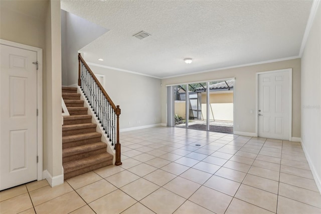 8639 Lower Villagewalk Cir, Orlando, FL 32827 - empty room with crown molding, light tile patterned flooring, stairway, a textured ceiling, and baseboards