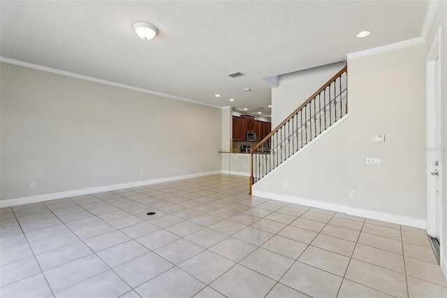8639 Lower Villagewalk Cir, Orlando, FL 32827 - unfurnished living room featuring ornamental molding, stairway, recessed lighting, baseboards, and light tile patterned floors