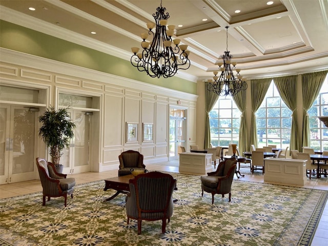 8639 Lower Villagewalk Cir, Orlando, FL 32827 - lobby featuring a decorative wall, a high ceiling, crown molding, coffered ceiling, and beamed ceiling
