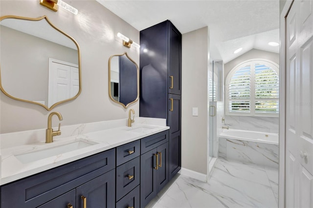 12706 Magnolia Bay Blvd, Clermont, FL 34711 - bathroom featuring marble look tiles, double vanity, a bath, lofted ceiling, and a textured ceiling