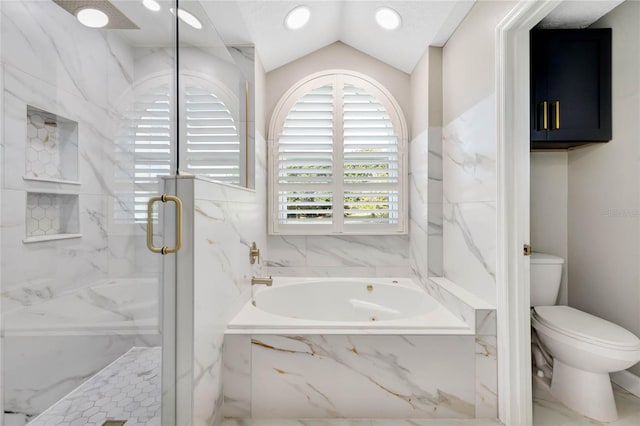 12706 Magnolia Bay Blvd, Clermont, FL 34711 - bathroom with a marble finish shower, a garden tub, vaulted ceiling, and recessed lighting