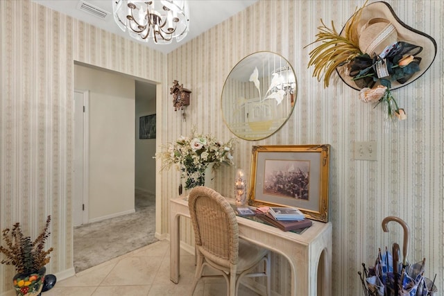 11160 SE 47th Ave, Belleview, FL 34420 - tiled home office featuring visible vents, wallpapered walls, an inviting chandelier, and carpet floors