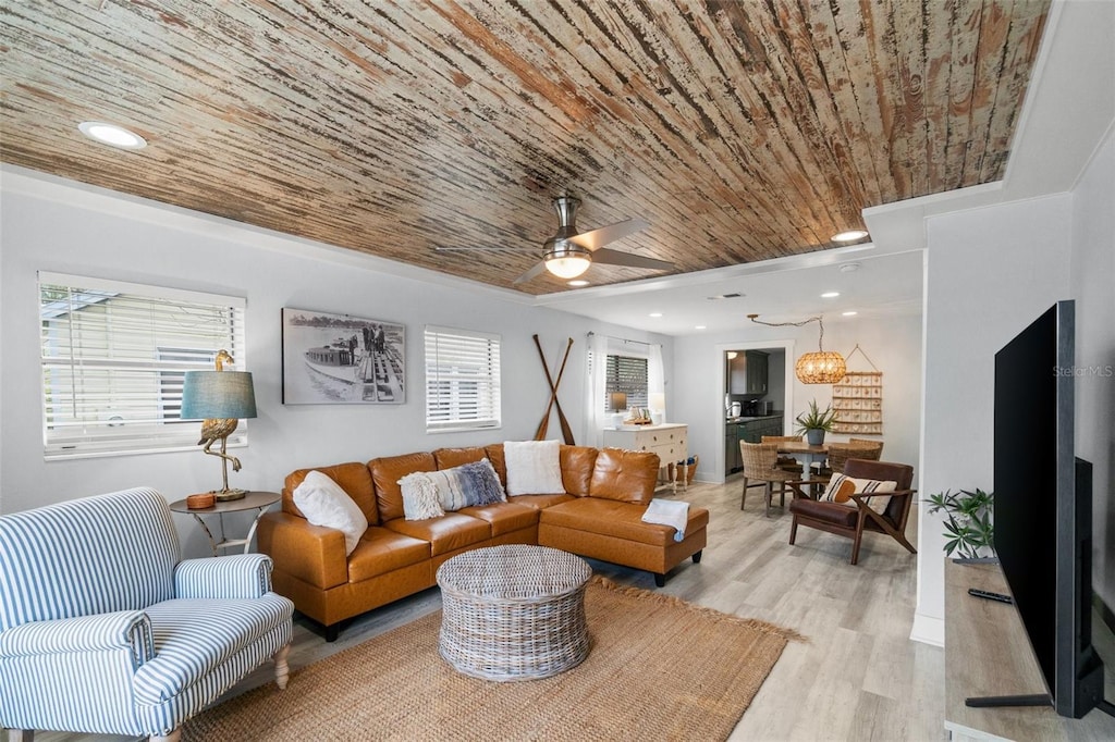 522 E 4th St, Port St Joe, FL 32456 - living room with ceiling fan, light wood-type flooring, recessed lighting, and wood ceiling