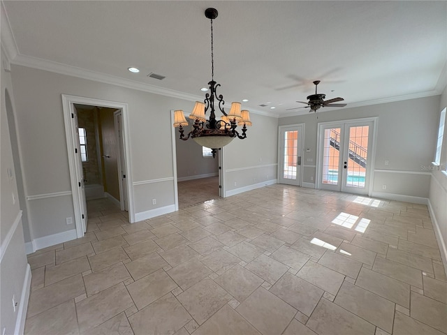 unfurnished dining area with baseboards, ornamental molding, french doors, visible vents, and ceiling fan with notable chandelier