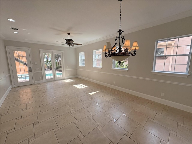 unfurnished dining area featuring french doors, baseboards, ornamental molding, and visible vents