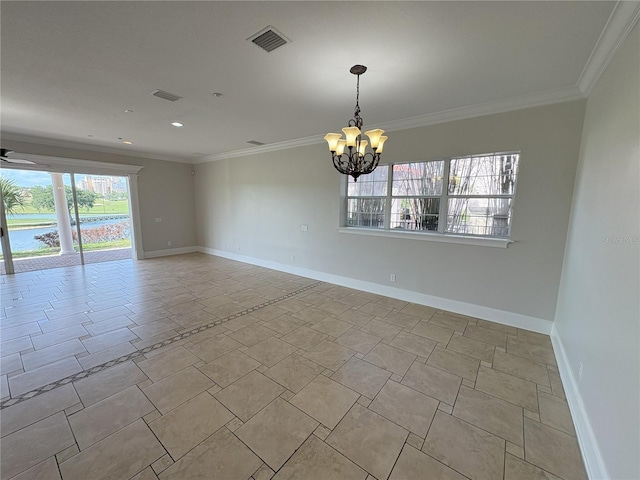 unfurnished dining area featuring crown molding, a notable chandelier, and baseboards