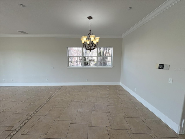 unfurnished dining area featuring visible vents, a notable chandelier, ornamental molding, and baseboards