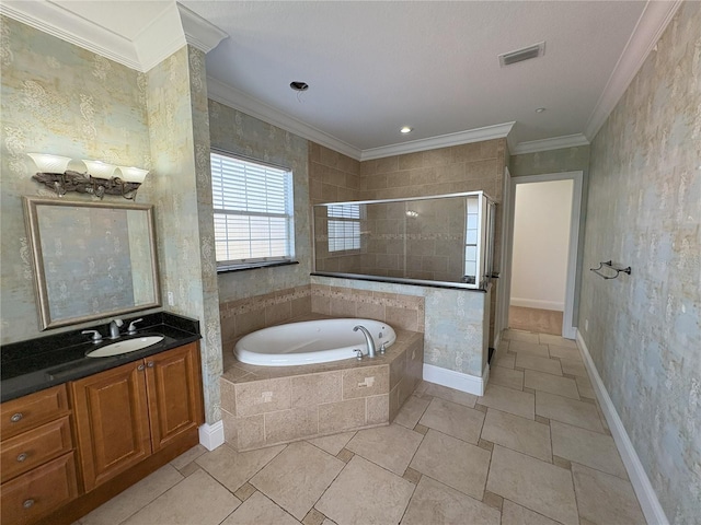 full bathroom with visible vents, a bath, crown molding, vanity, and a stall shower
