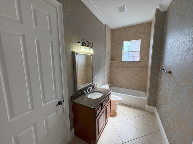 bathroom with shower / washtub combination, toilet, vanity, wallpapered walls, and tile patterned flooring
