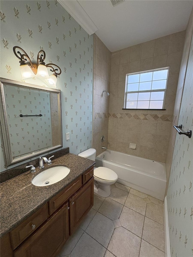 bathroom with bathtub / shower combination, vanity, tile patterned flooring, toilet, and wallpapered walls