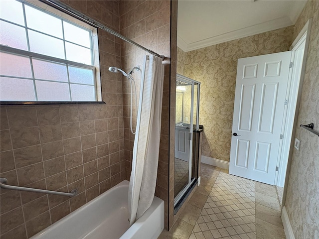 full bathroom featuring shower / bath combination with curtain, ornamental molding, baseboards, and wallpapered walls