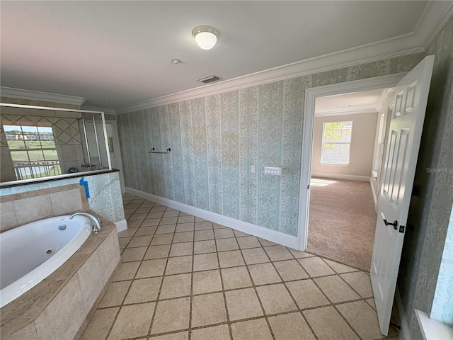 full bathroom with visible vents, baseboards, crown molding, a jetted tub, and wallpapered walls