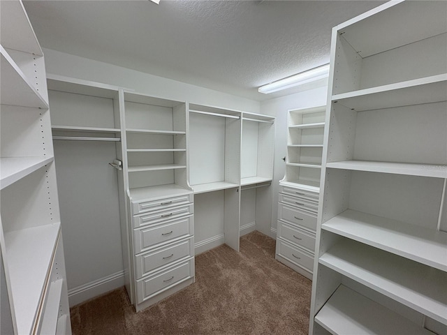 walk in closet featuring dark carpet