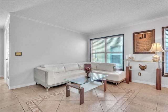 living area with a textured ceiling, light tile patterned flooring, and ornamental molding