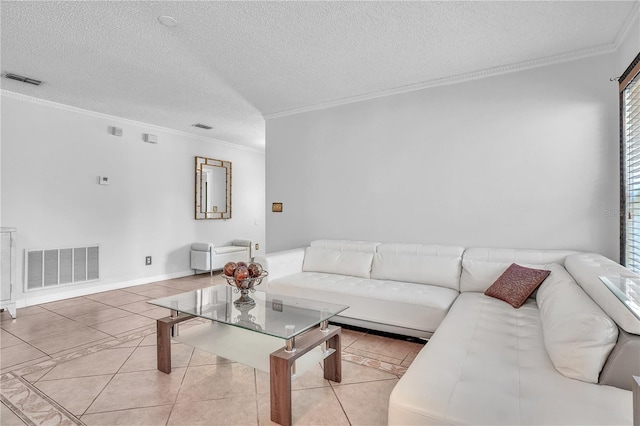 living room featuring light tile patterned floors, visible vents, and ornamental molding
