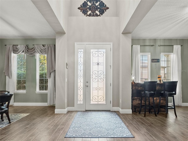 entryway featuring baseboards, a healthy amount of sunlight, and wood finished floors