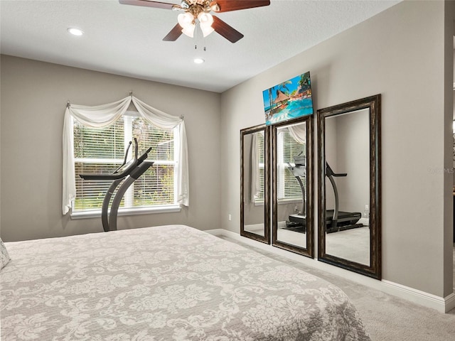 bedroom featuring recessed lighting, access to outside, baseboards, carpet flooring, and ceiling fan