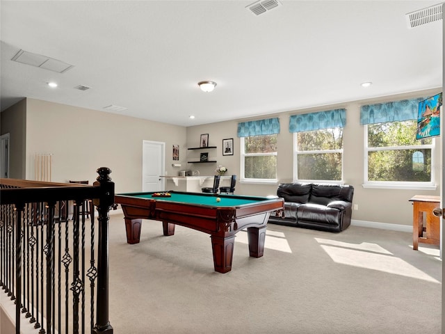 game room with carpet floors, billiards, and visible vents