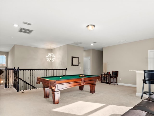 playroom featuring a notable chandelier, visible vents, pool table, and light carpet