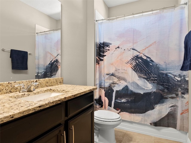 full bathroom with tile patterned flooring, toilet, vanity, and a shower with shower curtain