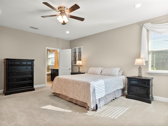 bedroom with baseboards, carpet flooring, visible vents, and recessed lighting