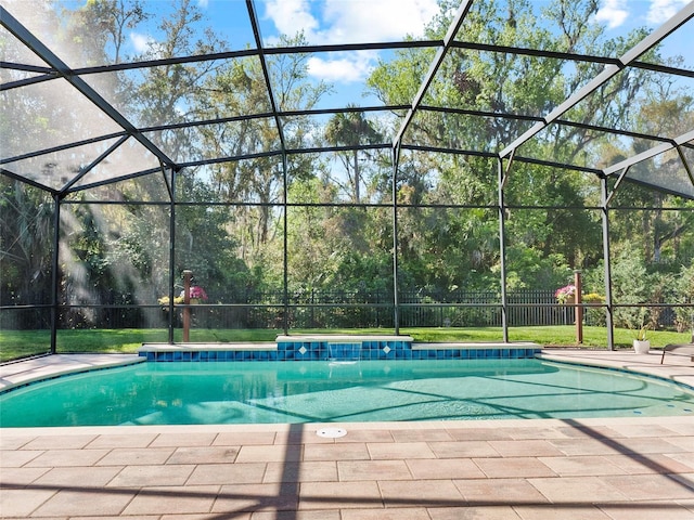 view of pool with a yard, a fenced in pool, and a patio area