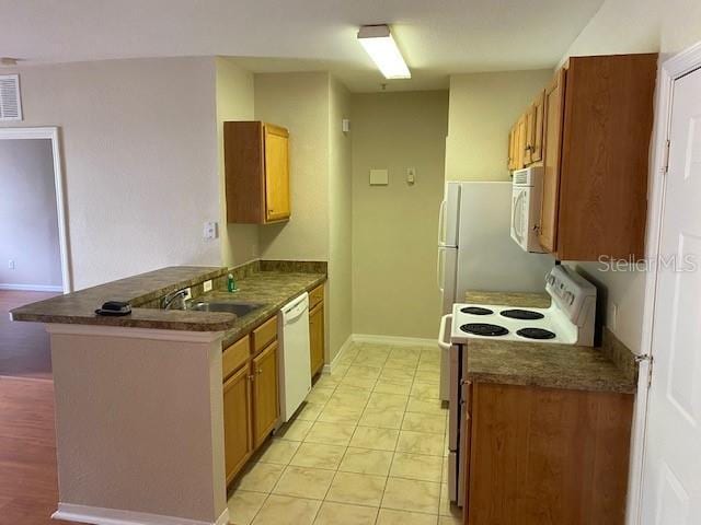 5550 E Michigan St Unit 2114, Orlando, FL 32822 - kitchen with white appliances, a sink, dark countertops, a peninsula, and brown cabinets