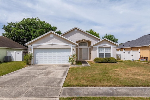 3830 Spring Breeze Dr, Orlando, FL 32829 - ranch-style home featuring driveway, a gate, an attached garage, a front lawn, and central AC unit