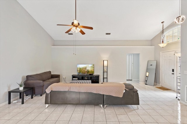 3830 Spring Breeze Dr, Orlando, FL 32829 - living room with high vaulted ceiling, a ceiling fan, light tile patterned floors, baseboards, and visible vents