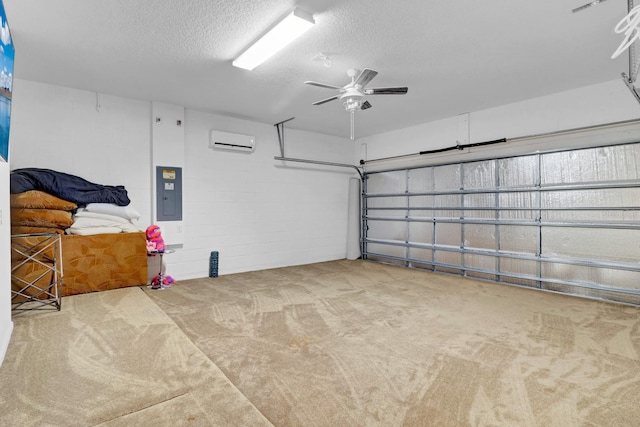 garage featuring concrete block wall, electric panel, an AC wall unit, and ceiling fan