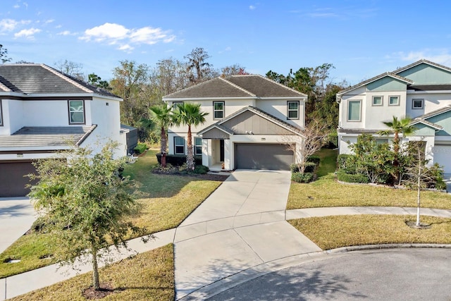 view of front of home featuring a front lawn, stucco siding, a garage, and concrete driveway