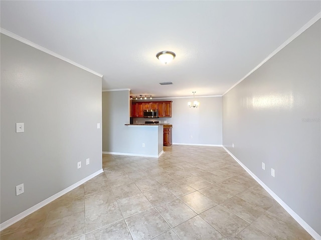 unfurnished living room featuring a notable chandelier, crown molding, baseboards, and visible vents