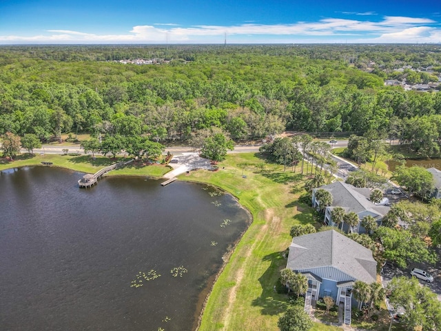aerial view featuring a water view and a view of trees