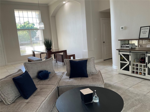 living area with a wealth of natural light, crown molding, tile patterned floors, and baseboards