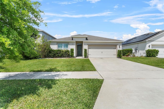 9005 Tuscan Cypress St, Kissimmee, FL 34747 - ranch-style home with stucco siding, an attached garage, a front yard, and driveway