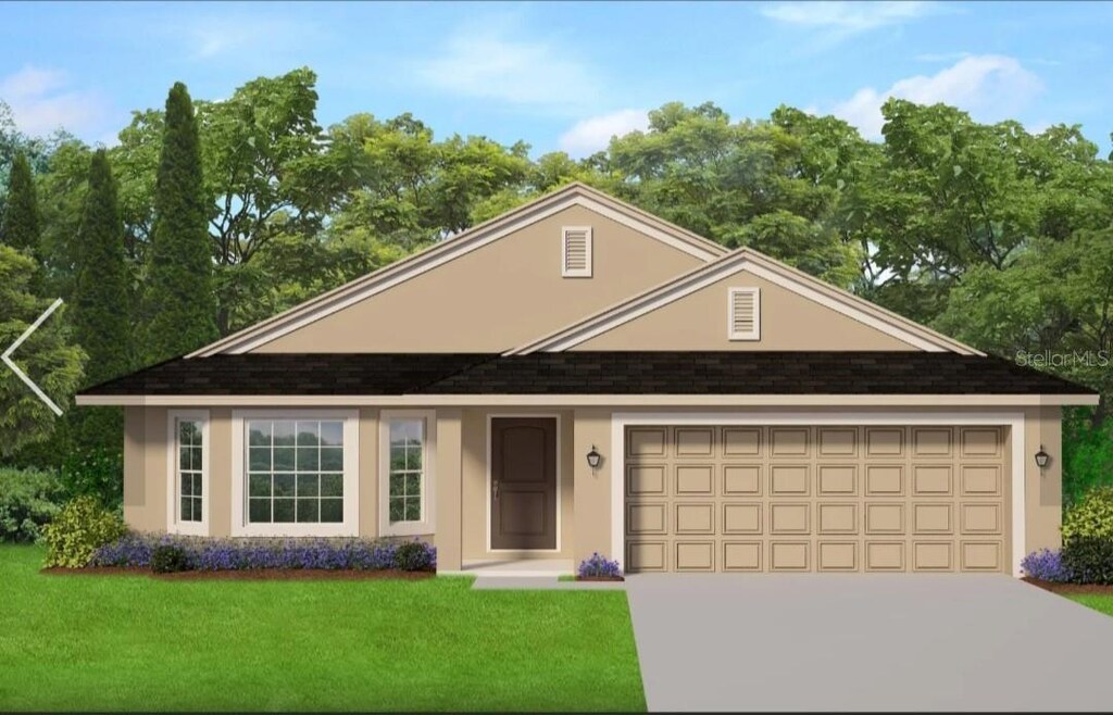 109 Dundee Ln, Kissimmee, FL 34758 - ranch-style home with stucco siding, an attached garage, a front lawn, and concrete driveway