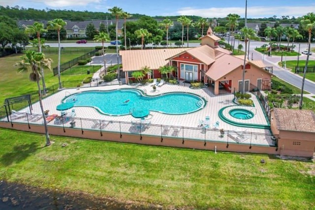 view of pool with an in-ground hot tub and a patio