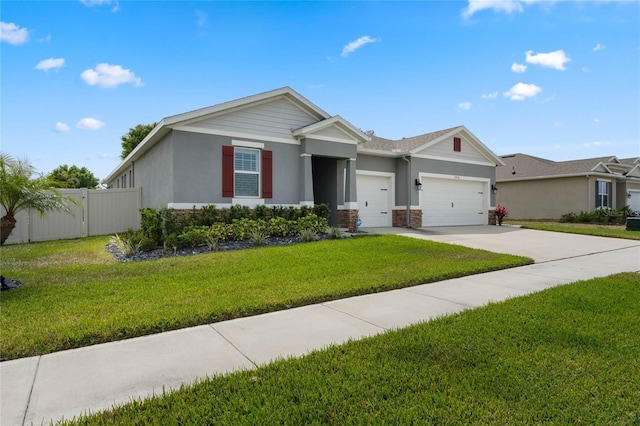 single story home featuring concrete driveway, stucco siding, fence, an attached garage, and a front yard