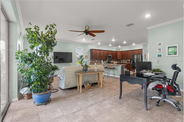 office featuring ornamental molding, visible vents, a ceiling fan, and recessed lighting