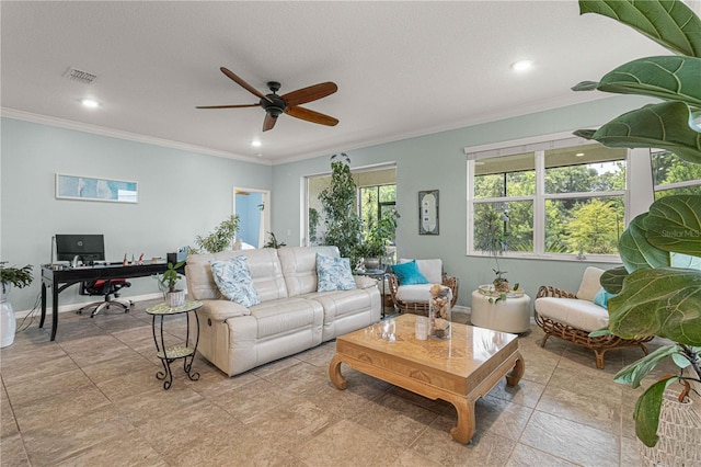 living area featuring crown molding, ceiling fan, visible vents, and recessed lighting
