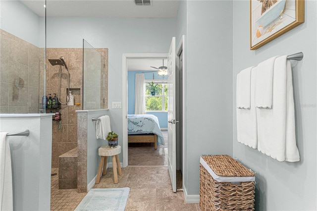 bathroom featuring visible vents, walk in shower, connected bathroom, and ceiling fan